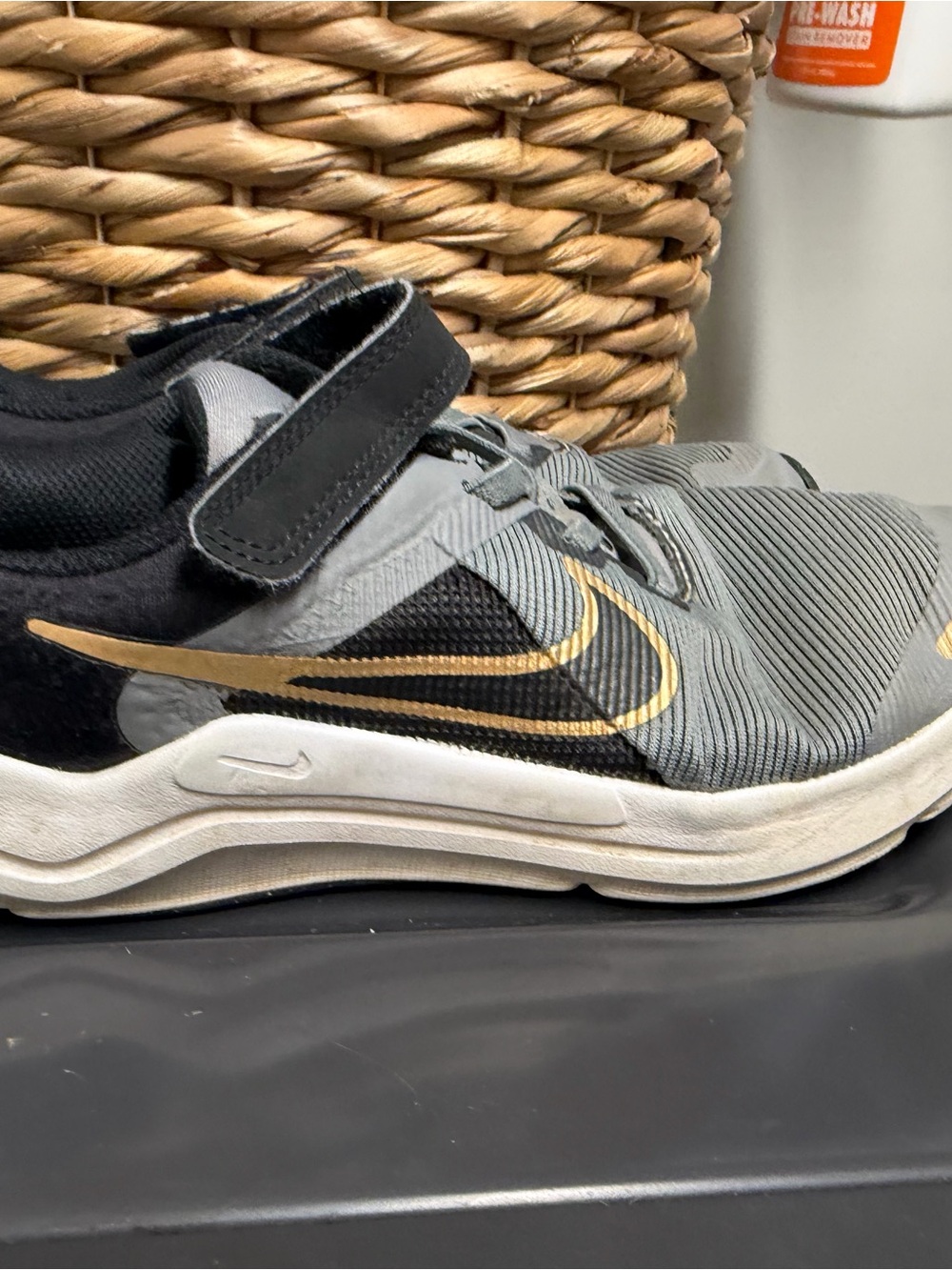 Nike Kids Gray Black Sneakers with Gold Swoosh and Hook Strap
